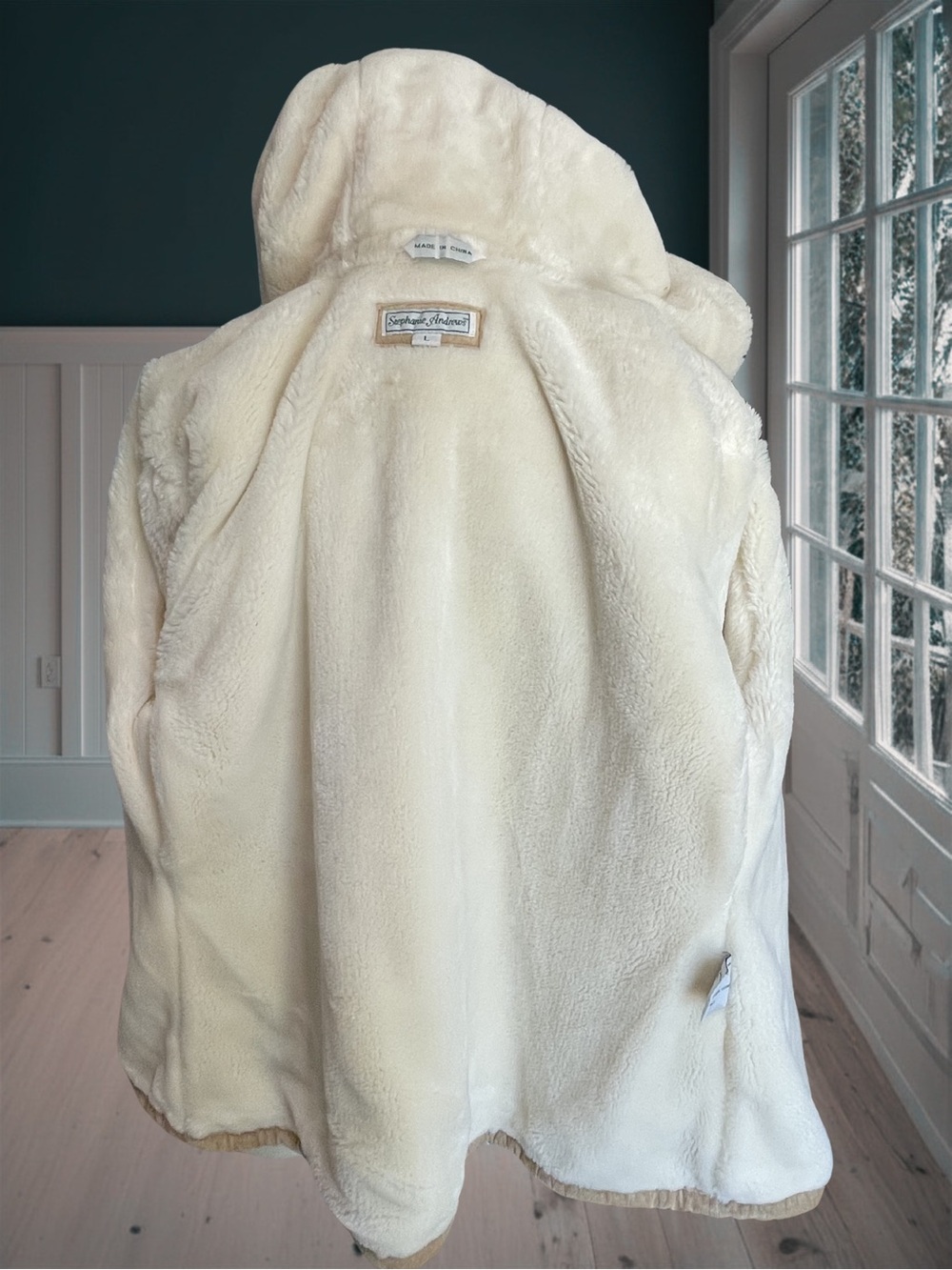 STEPHANIE ANDREWS Women's L Tan Suede Leather Hooded Faux Fur Shearling Jacket - Picture 7 of 15